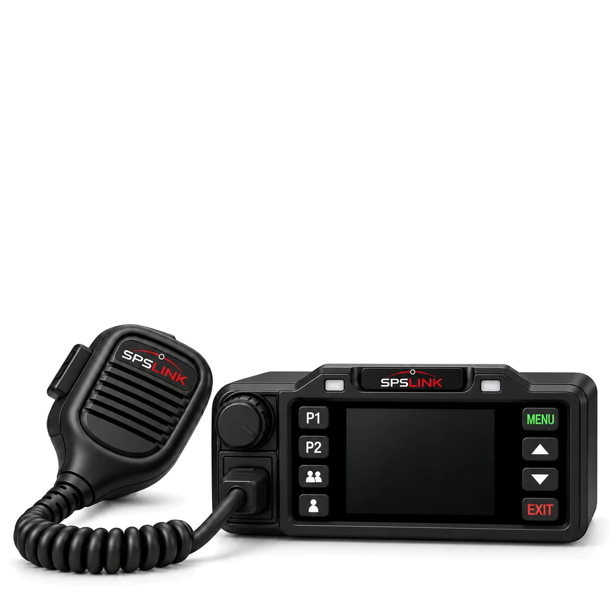 The SPSLink Commander vehicle and base radio from the front, with its coiled handheld microphone, a colour screen and keys either side