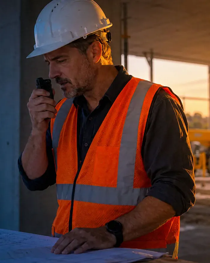 A site lead in a hard hat and orange vest speaking into a radio at a building site at sunset