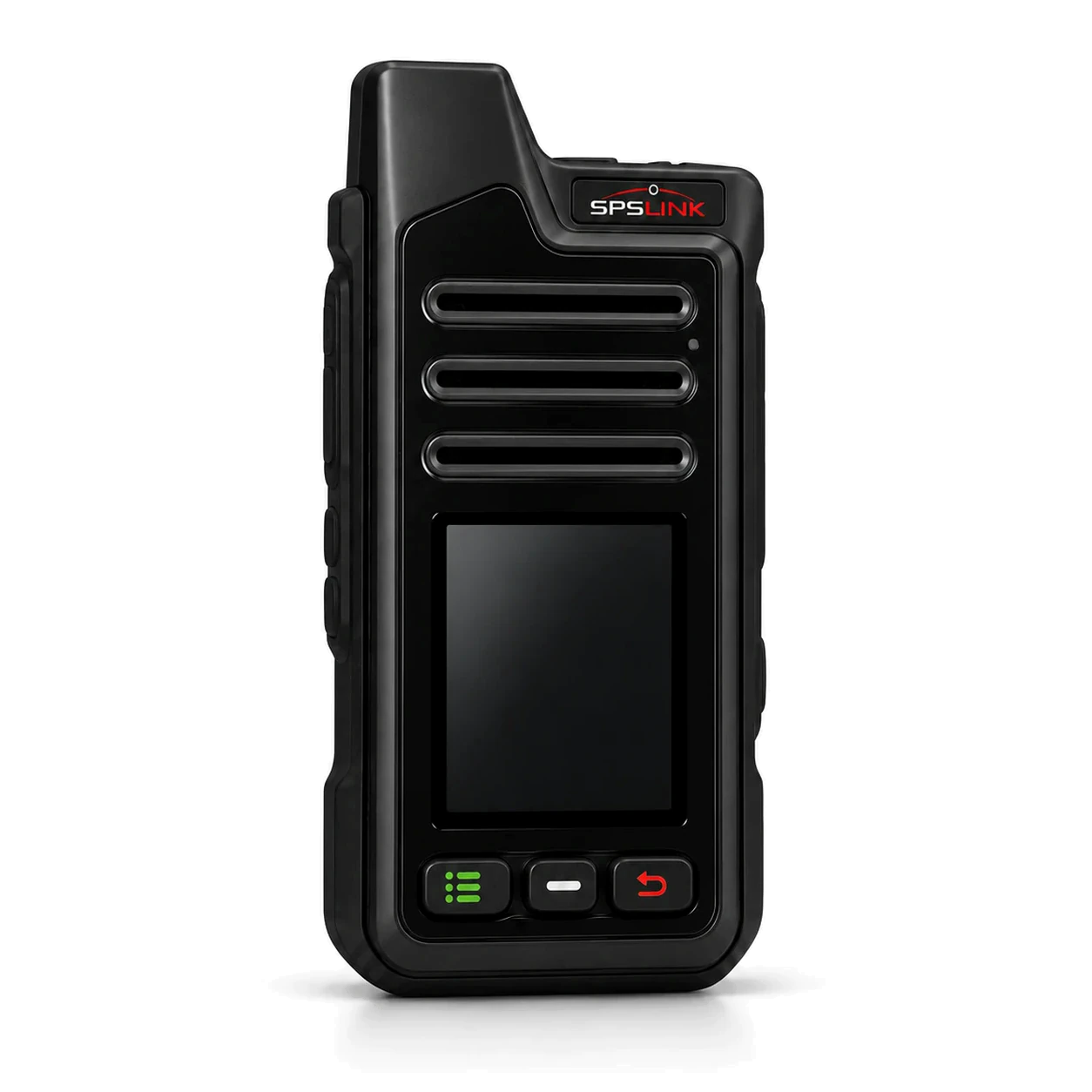 The SPSLink Go handheld radio, seen from the front: speaker slots, a 2.0-inch screen and three keys
