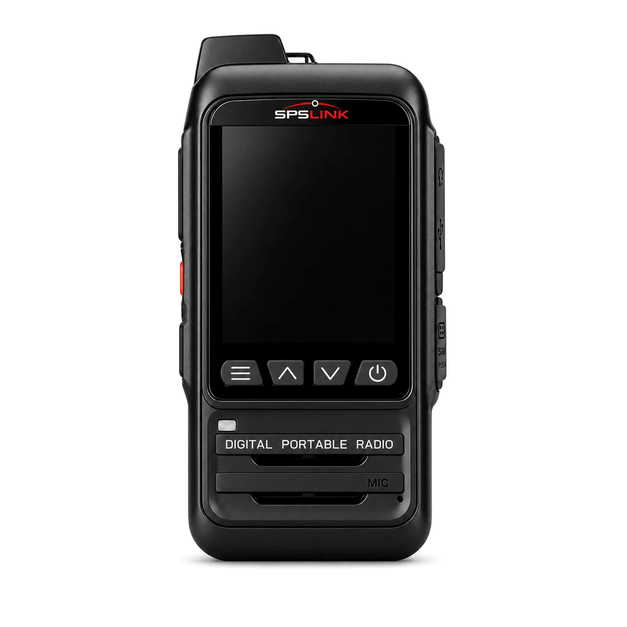 The SPSLink Trek handheld radio, seen from the front: a large colour screen with four keys under it